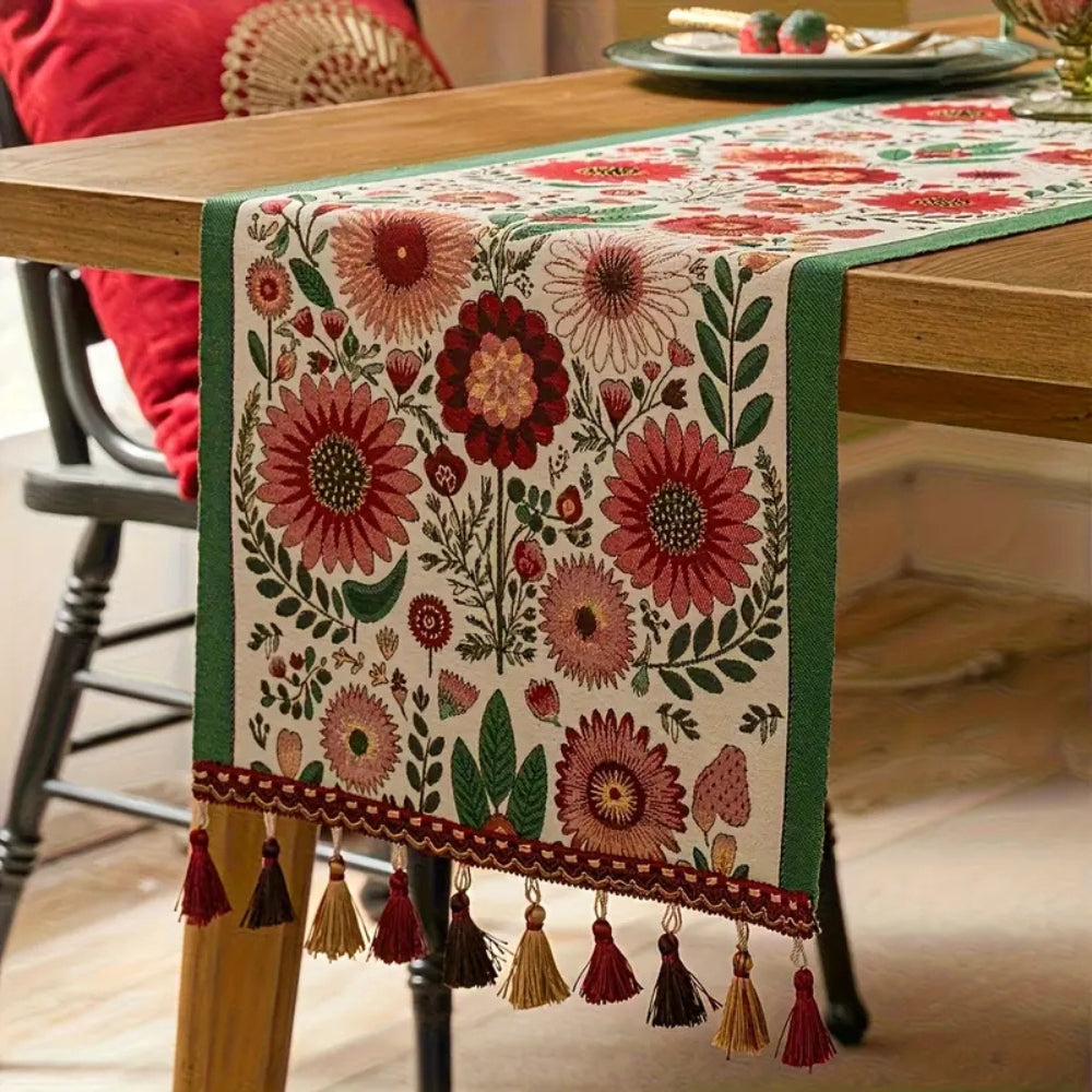 Embroidered Floral Tassel Table Runner for Boho Chic Decor