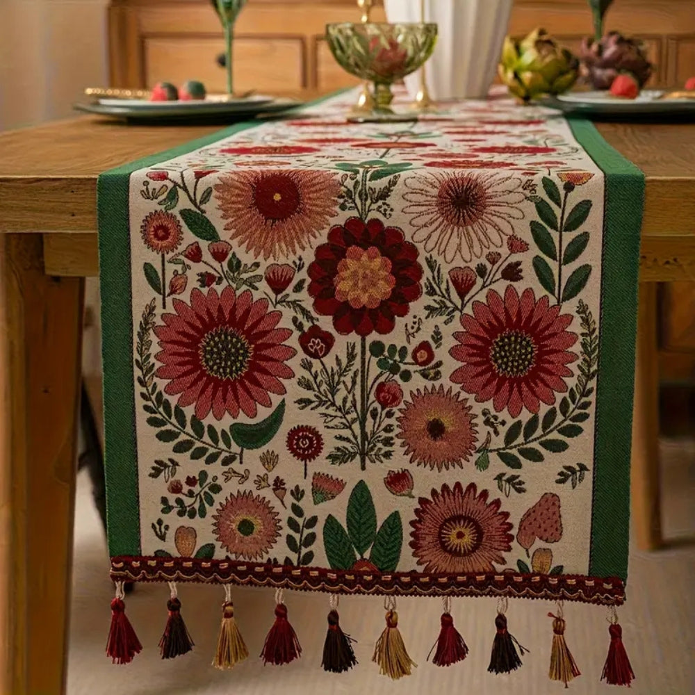 Embroidered Floral Tassel Table Runner for Boho Chic Decor