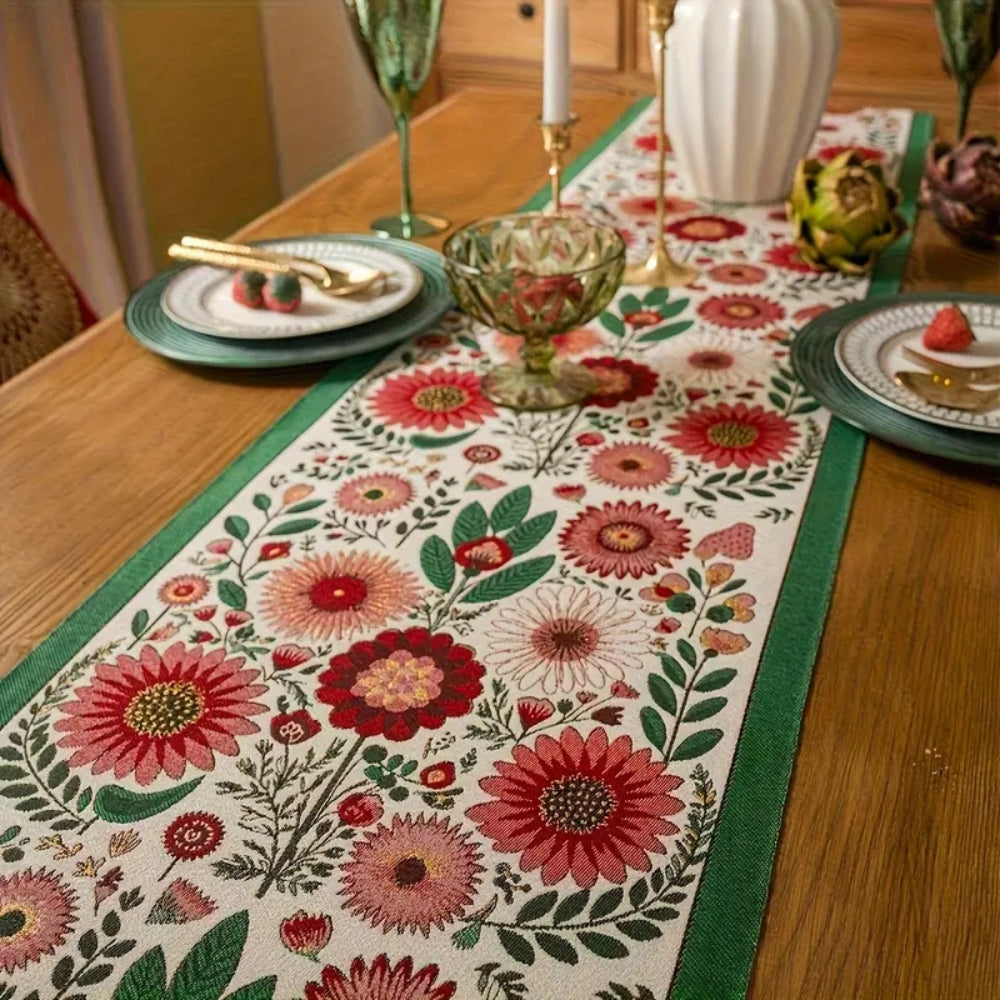 Embroidered Floral Tassel Table Runner for Boho Chic Decor