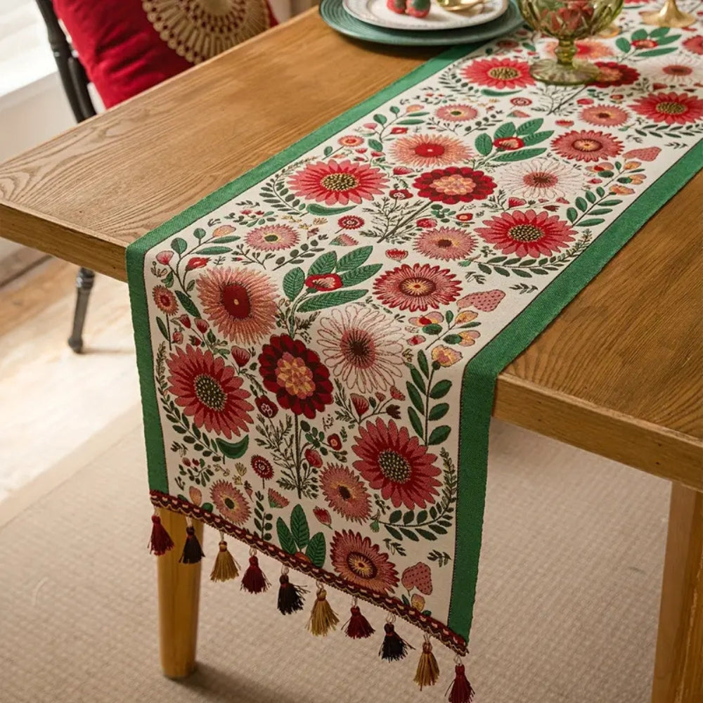 Embroidered Floral Tassel Table Runner for Boho Chic Decor
