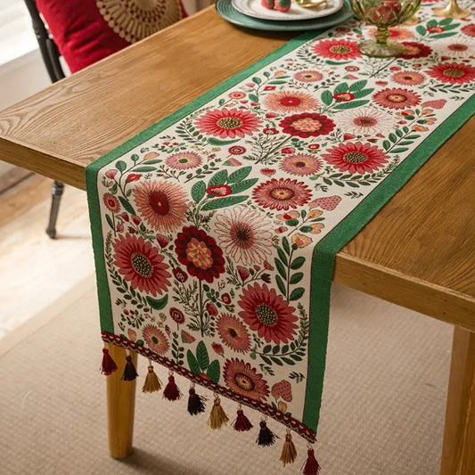 Embroidered Floral Tassel Table Runner for Boho Chic Decor