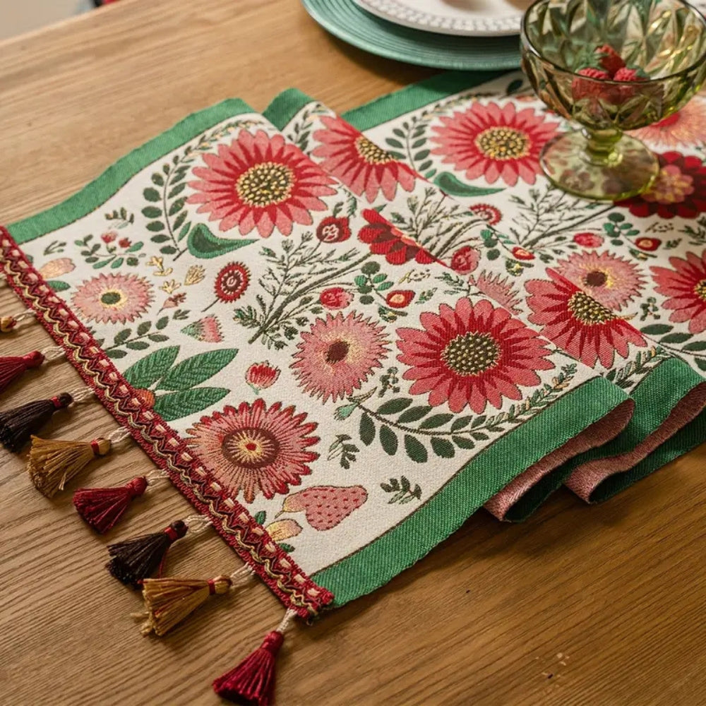 Embroidered Floral Tassel Table Runner for Boho Chic Decor