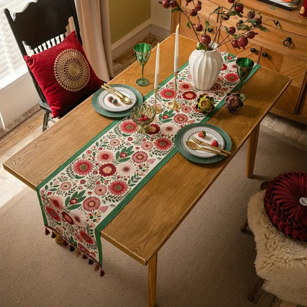Embroidered Floral Tassel Table Runner for Boho Chic Decor