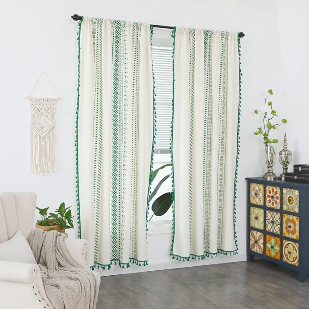 Boho Green Stripe Tassel Curtain
