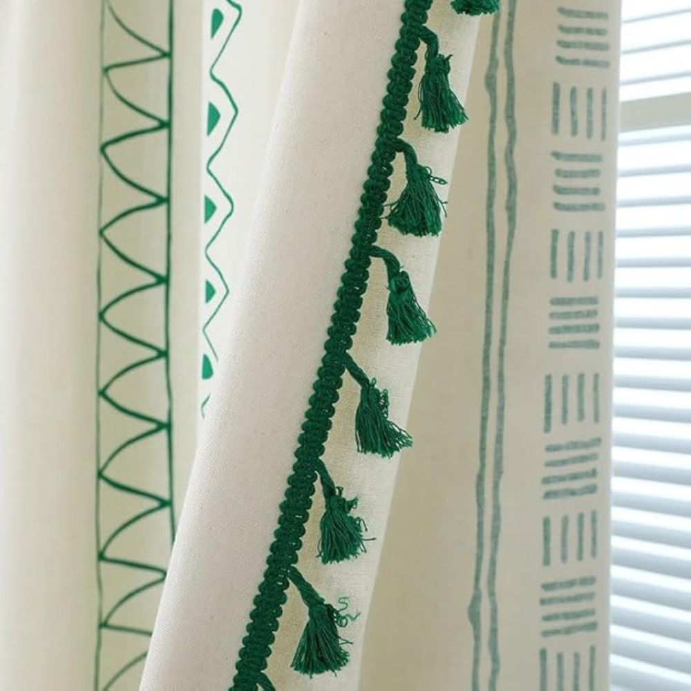 Boho Green Stripe Tassel Curtain