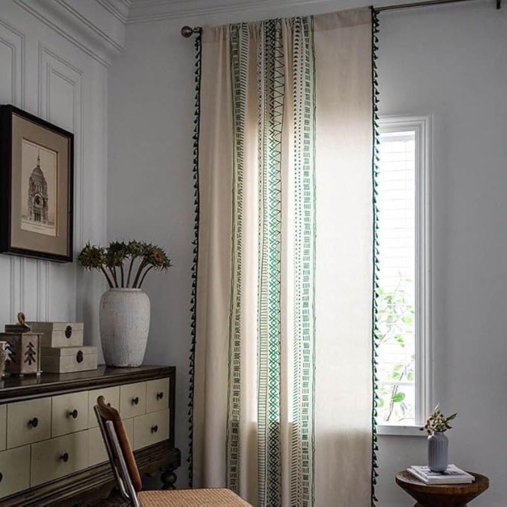 Boho Green Stripe Tassel Curtain
