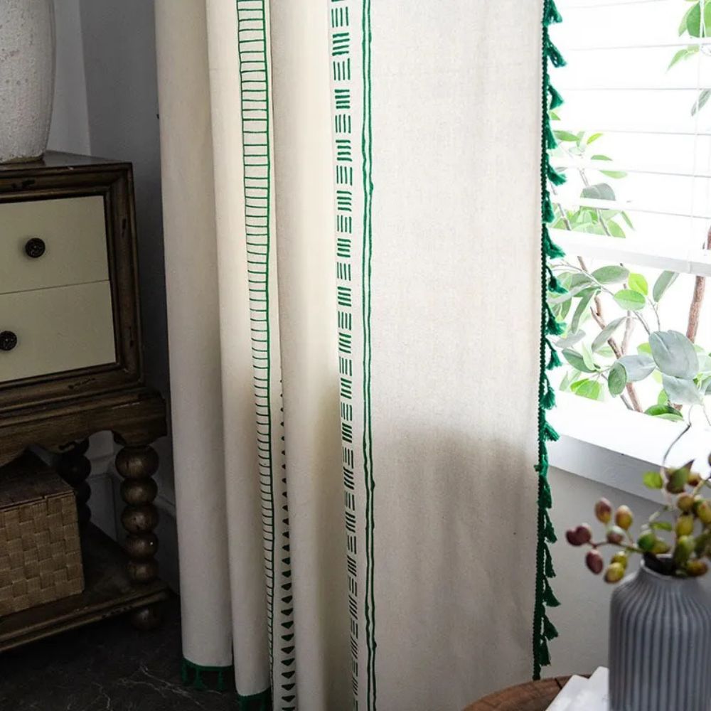 Boho Green Stripe Tassel Curtain