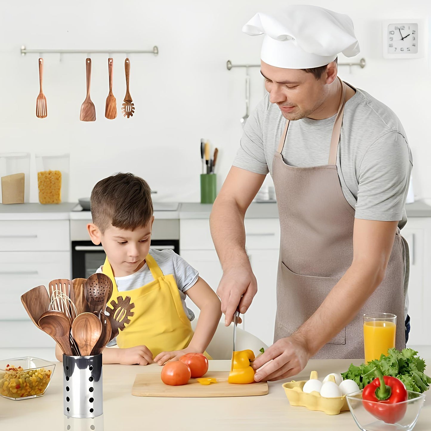 11-Piece Natural Teak Kitchen Utensil Set with Holder
