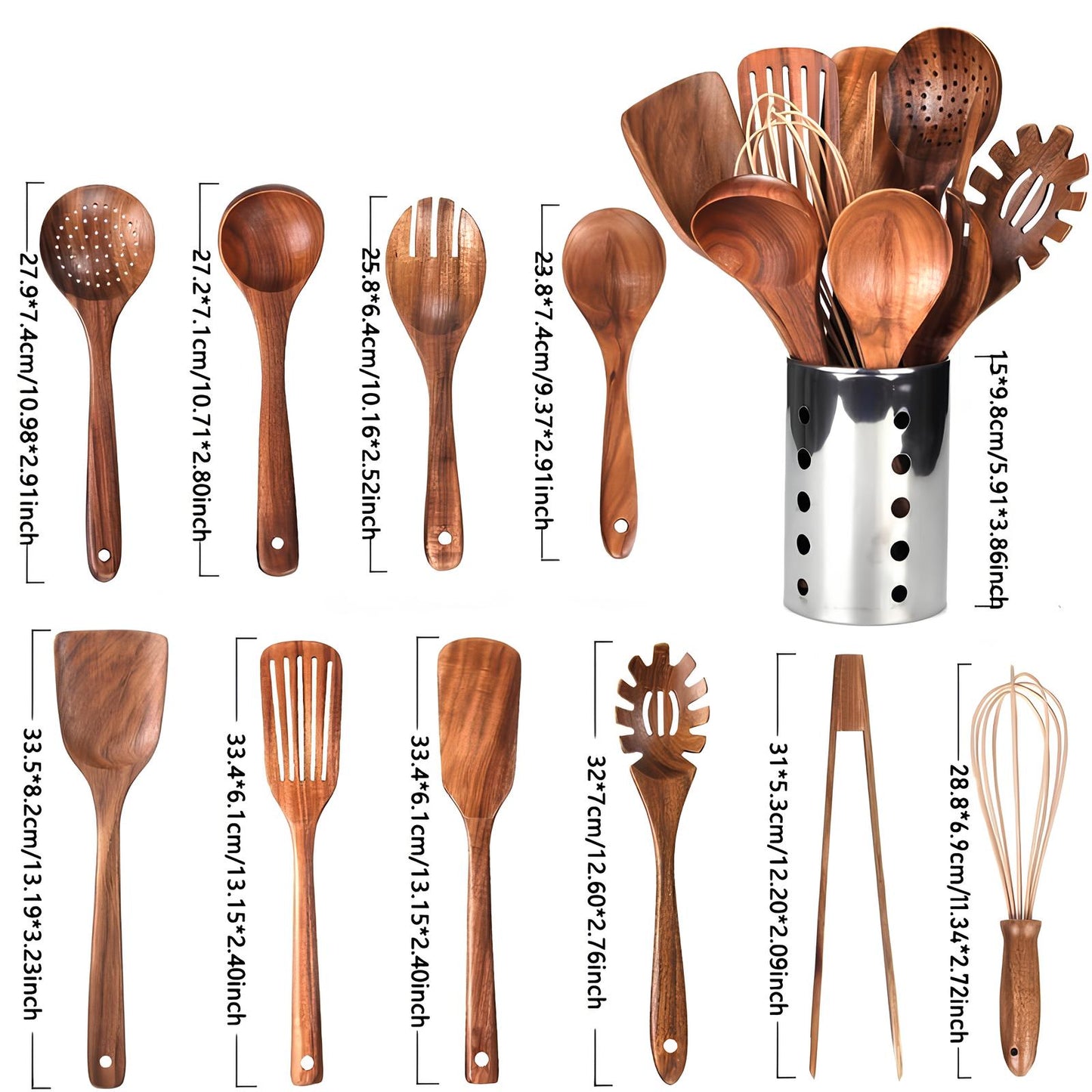 11-Piece Teak Wood Cooking Utensil Set with Countertop Holder