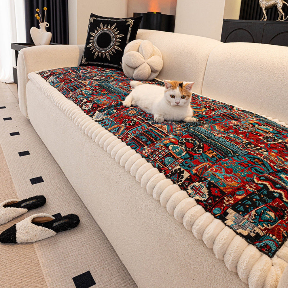 Bohemian Plush Couch Cover with Non-Slip Backing