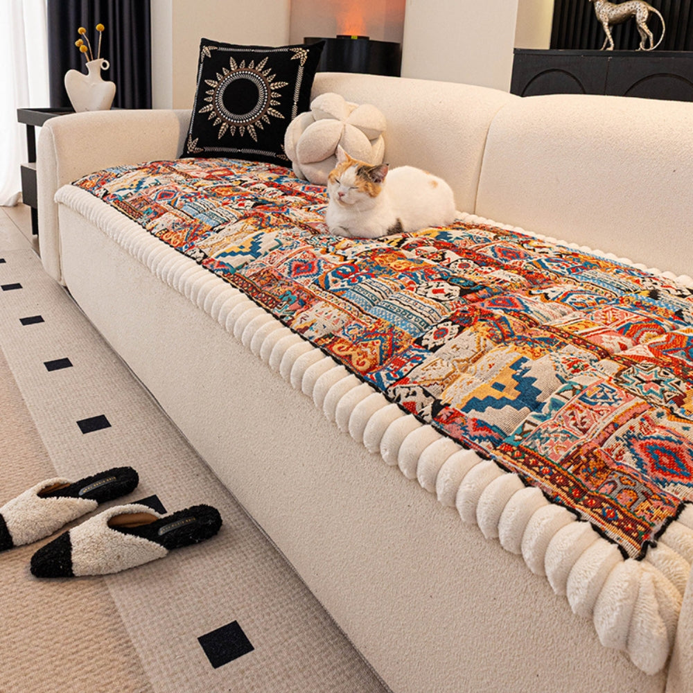 Bohemian Plush Couch Cover with Non-Slip Backing