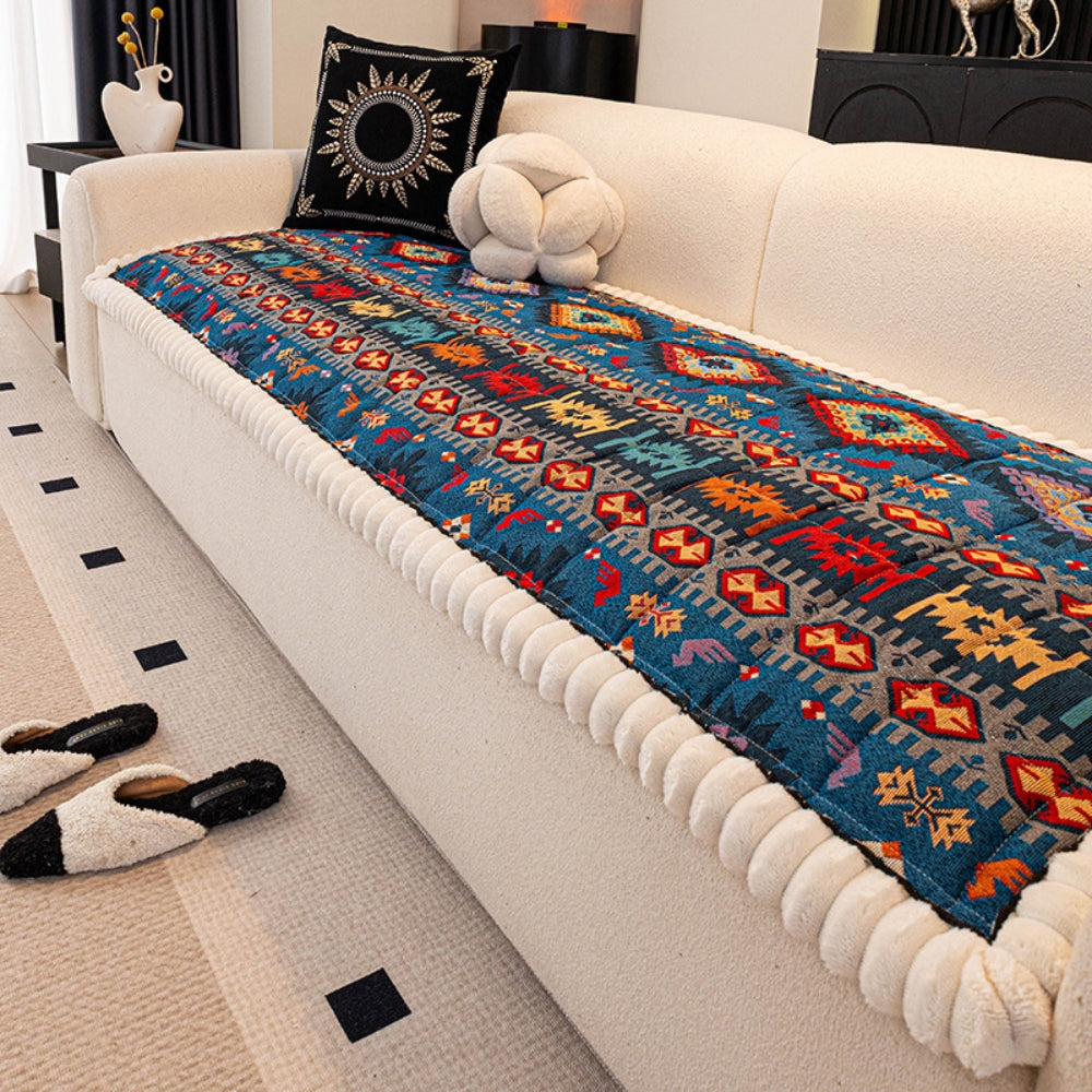 Bohemian Plush Couch Cover with Non-Slip Backing