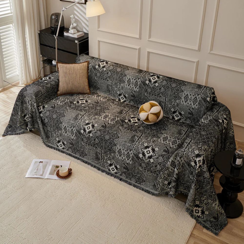 Ethnic Chenille Sofa Cover with Geometric Patterns