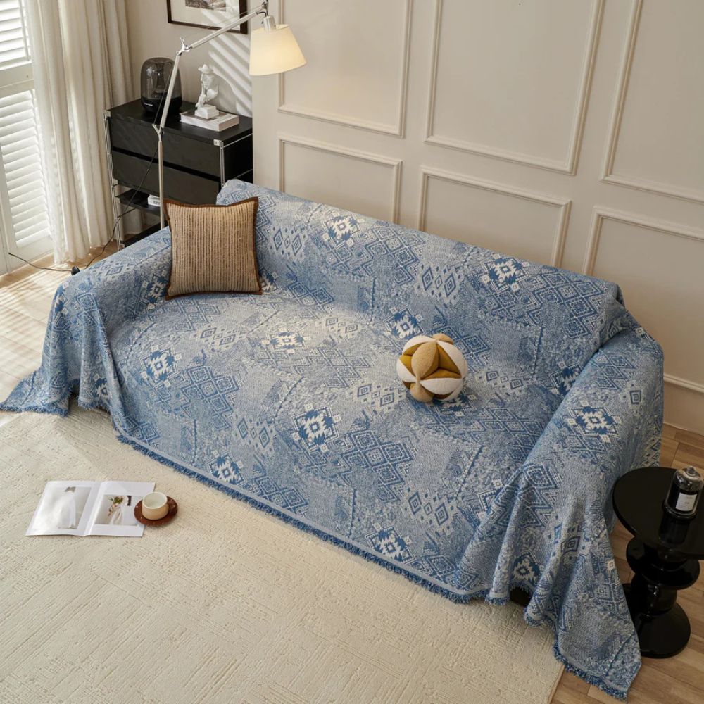 Ethnic Chenille Sofa Cover with Geometric Patterns