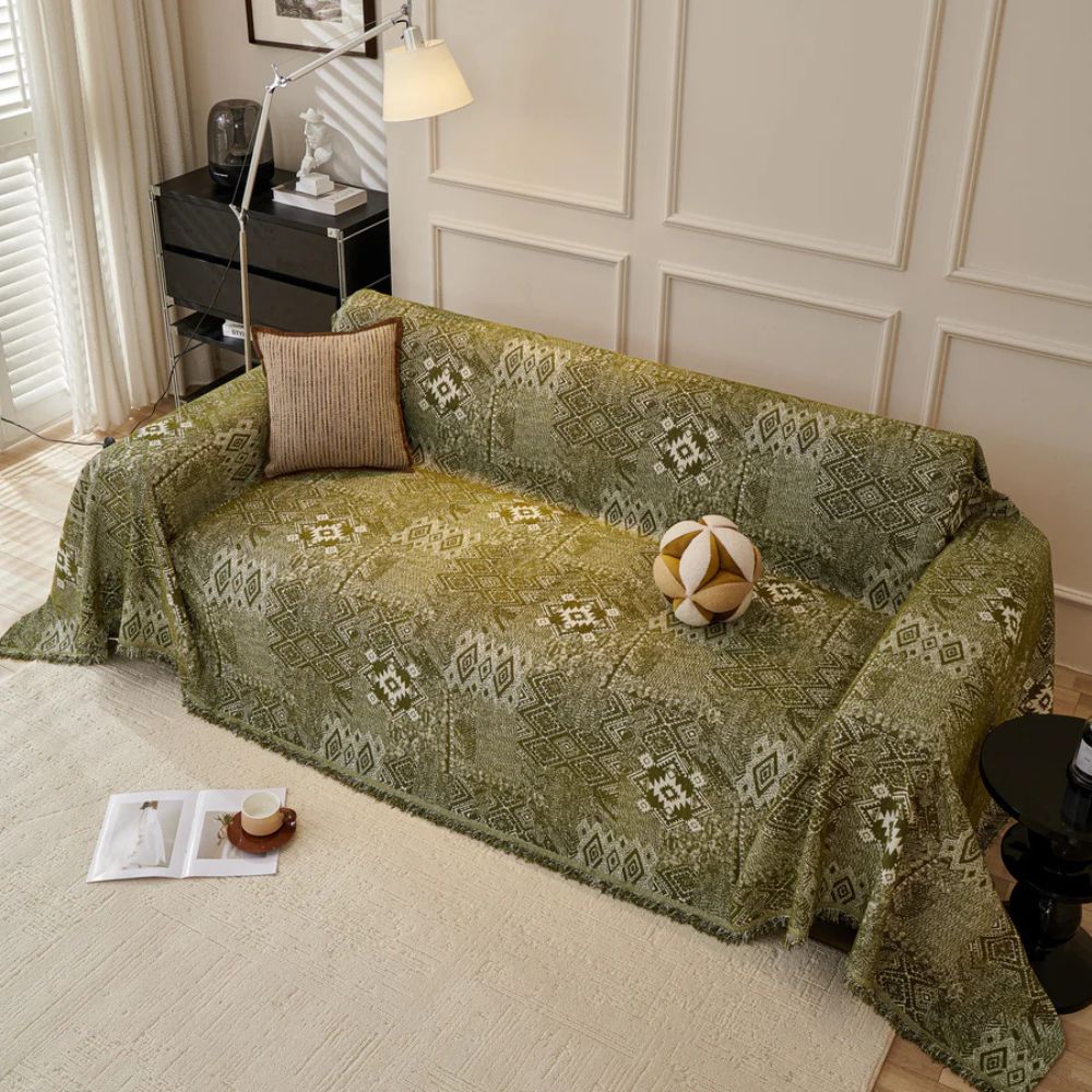 Ethnic Chenille Sofa Cover with Geometric Patterns