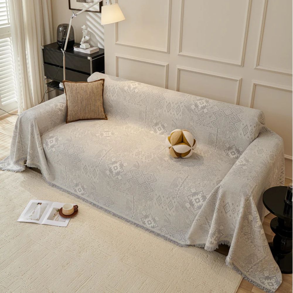 Ethnic Chenille Sofa Cover with Geometric Patterns