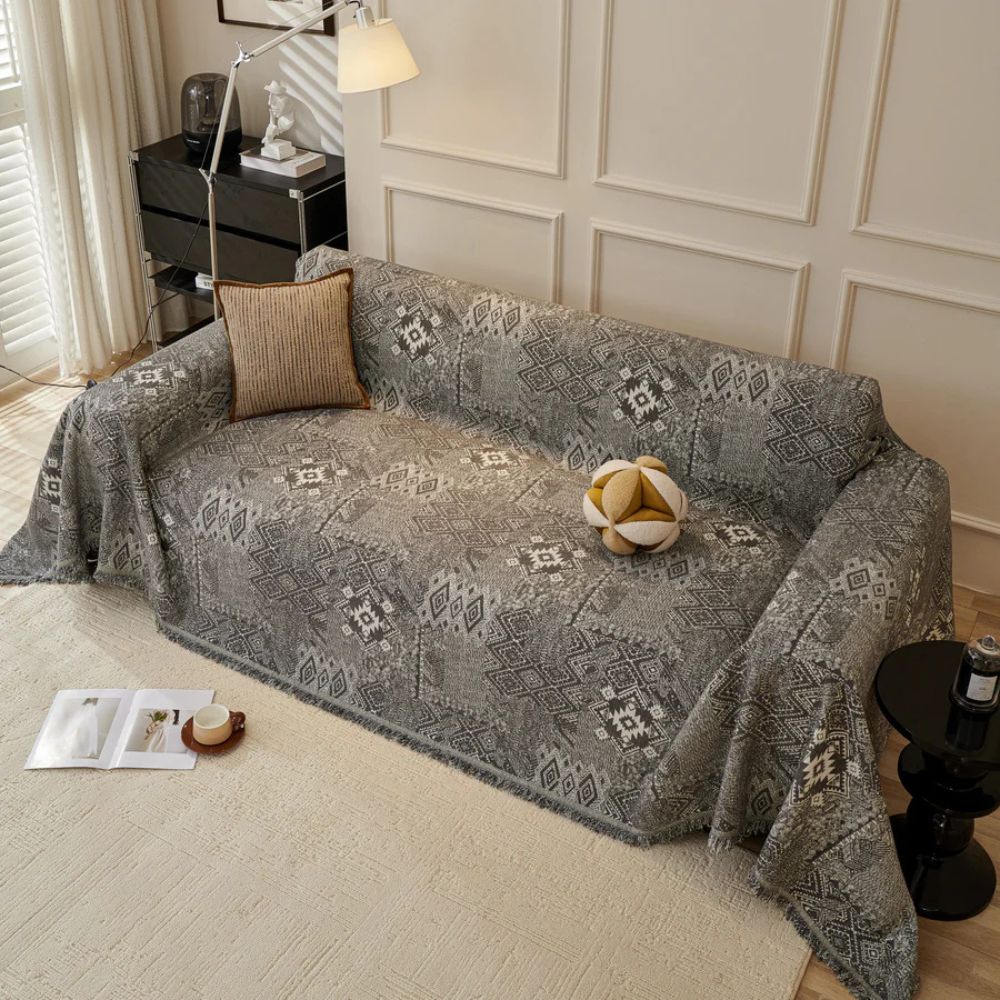Ethnic Chenille Sofa Cover with Geometric Patterns