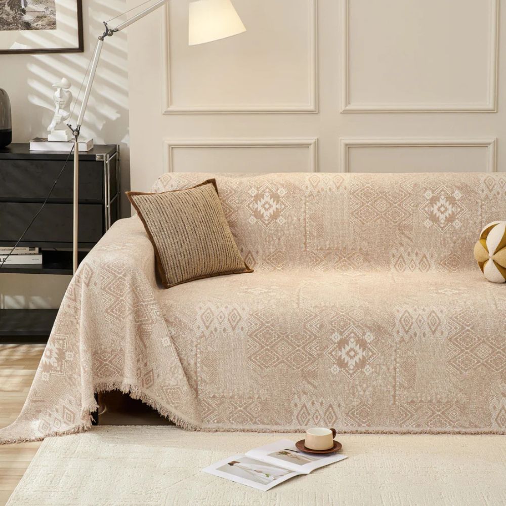 Ethnic Chenille Sofa Cover with Geometric Patterns