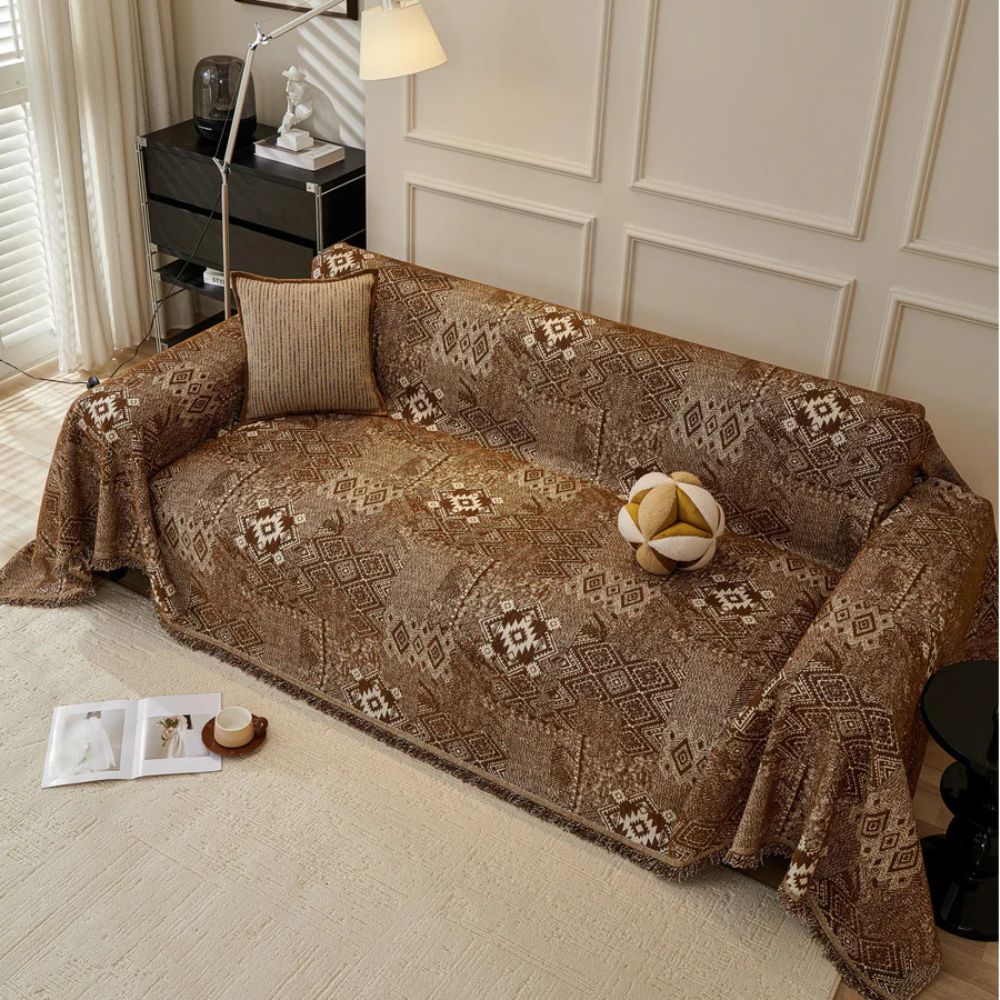 Ethnic Chenille Sofa Cover with Geometric Patterns
