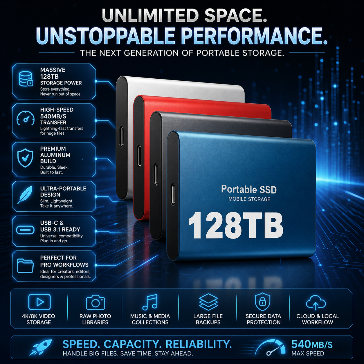 Portable 128TB External SSD High-Speed USB 3.1 Storage