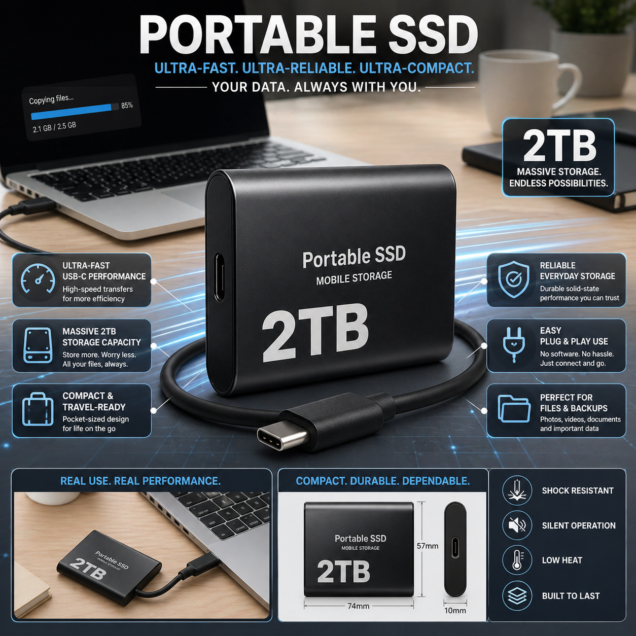 2TB USB-C Portable SSD External Hard Drive - High-Speed Mobile Storage