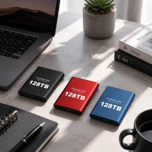Portable Aluminum SSD External Drive - 128TB, USB, High-Speed, Compact, Available in Black, Blue, Red