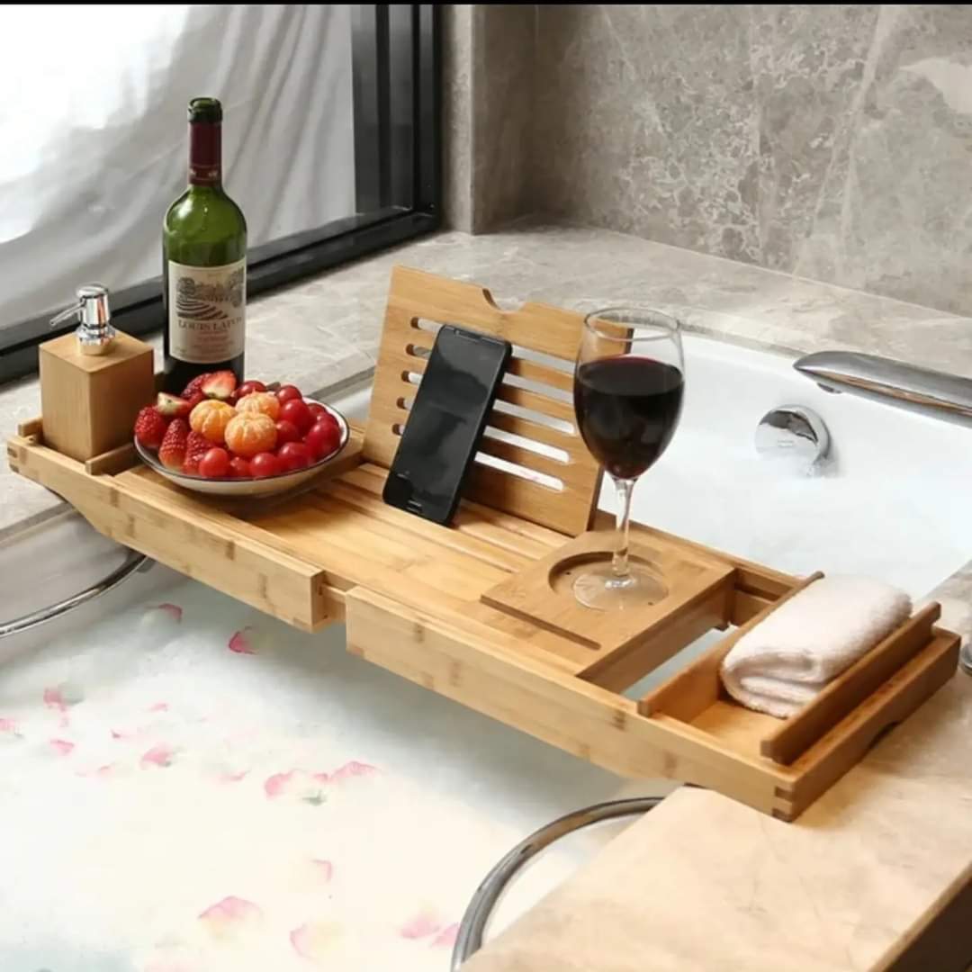 Expandable Bamboo Bathtub Caddy Tray with Adjustable Stands
