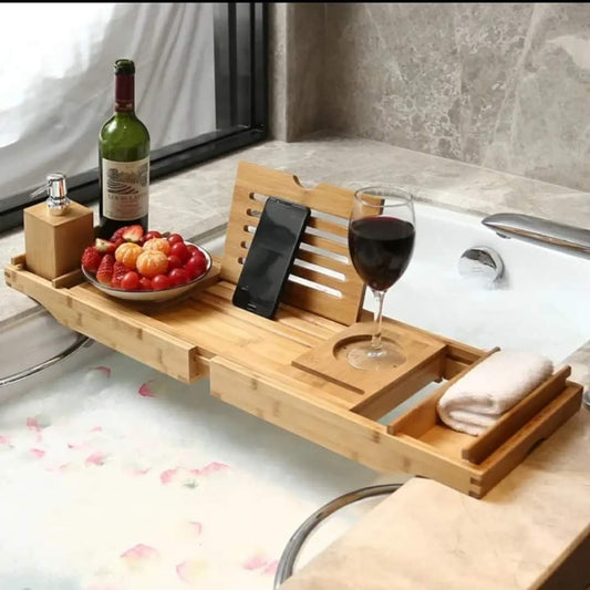Expandable Bamboo Bathtub Caddy Tray with Adjustable Stands