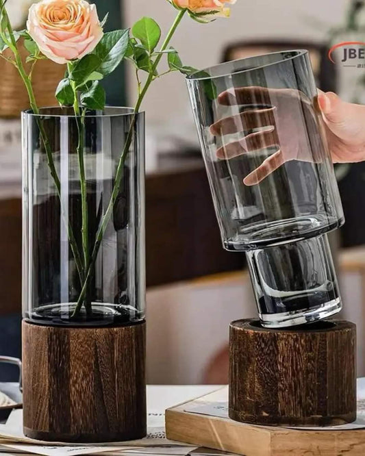 Elegant Glass Vase with Wooden Base