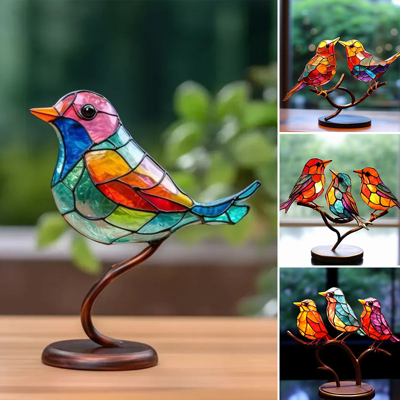 Colorful Glass Bird Ornaments on Branch