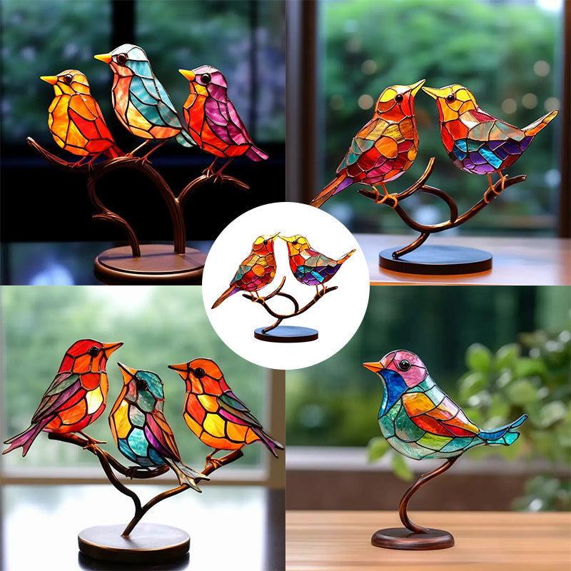 Colorful Glass Bird Ornaments on Branch