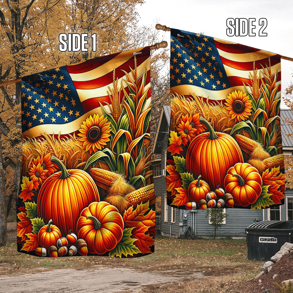 Double-Sided Fall Thanksgiving Pumpkin Flag with American Flag Design