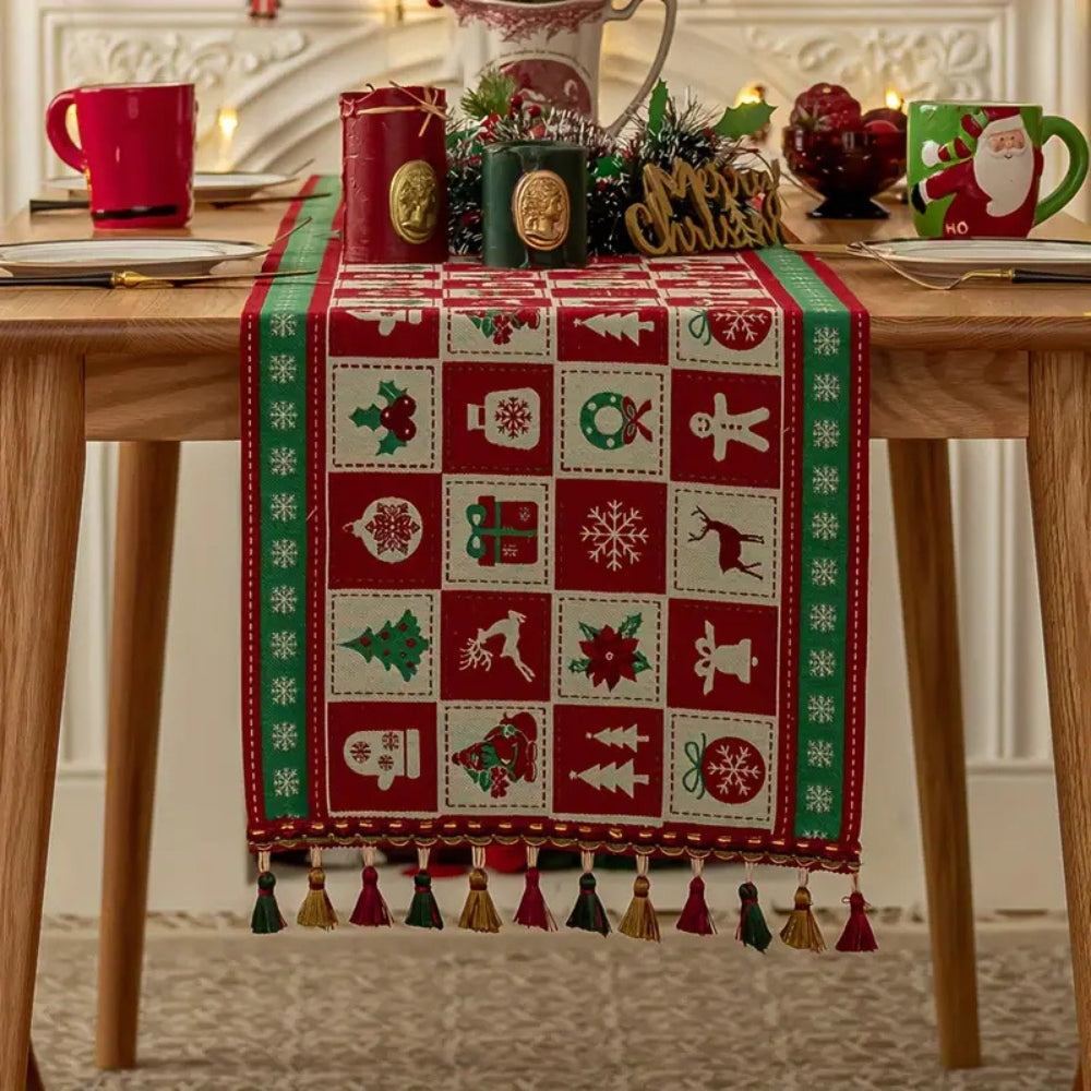 Christmas Checkered Table Runner with Colorful Tassels