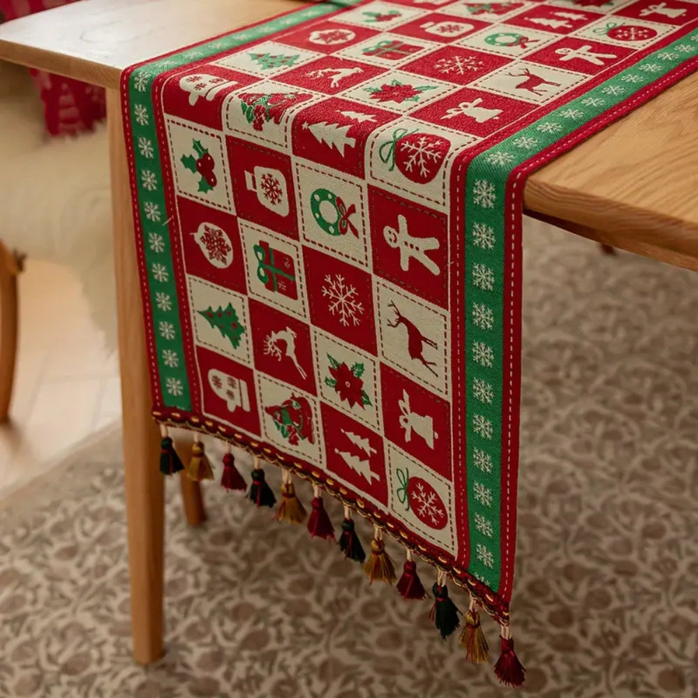 Christmas Checkered Table Runner with Colorful Tassels