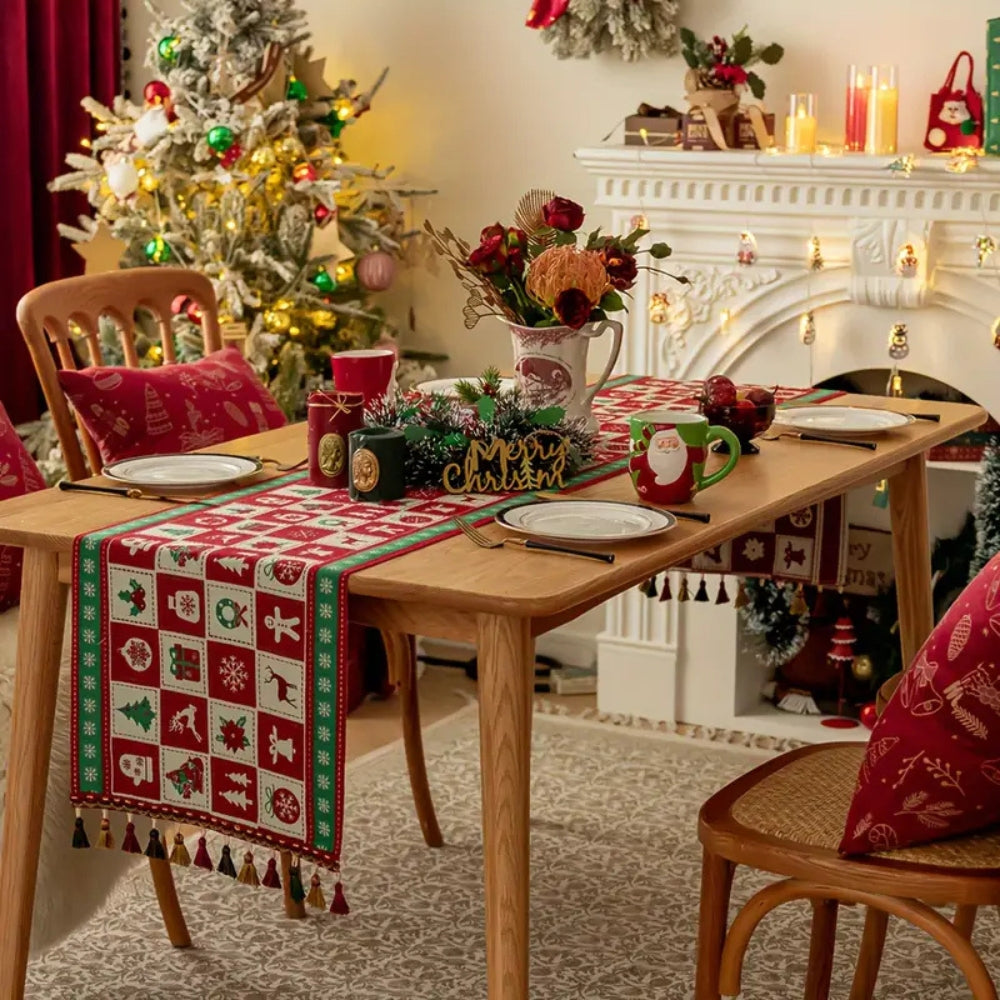 Christmas Checkered Table Runner with Colorful Tassels