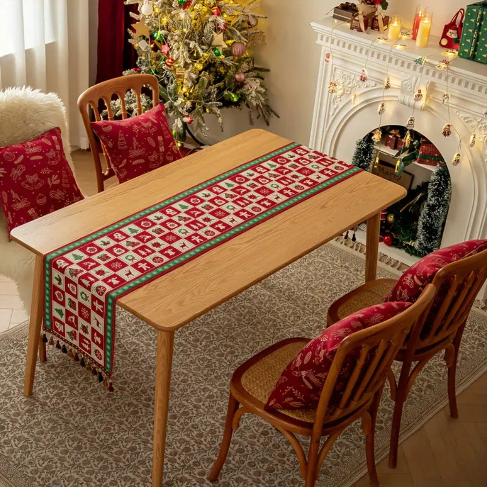 Christmas Checkered Table Runner with Colorful Tassels