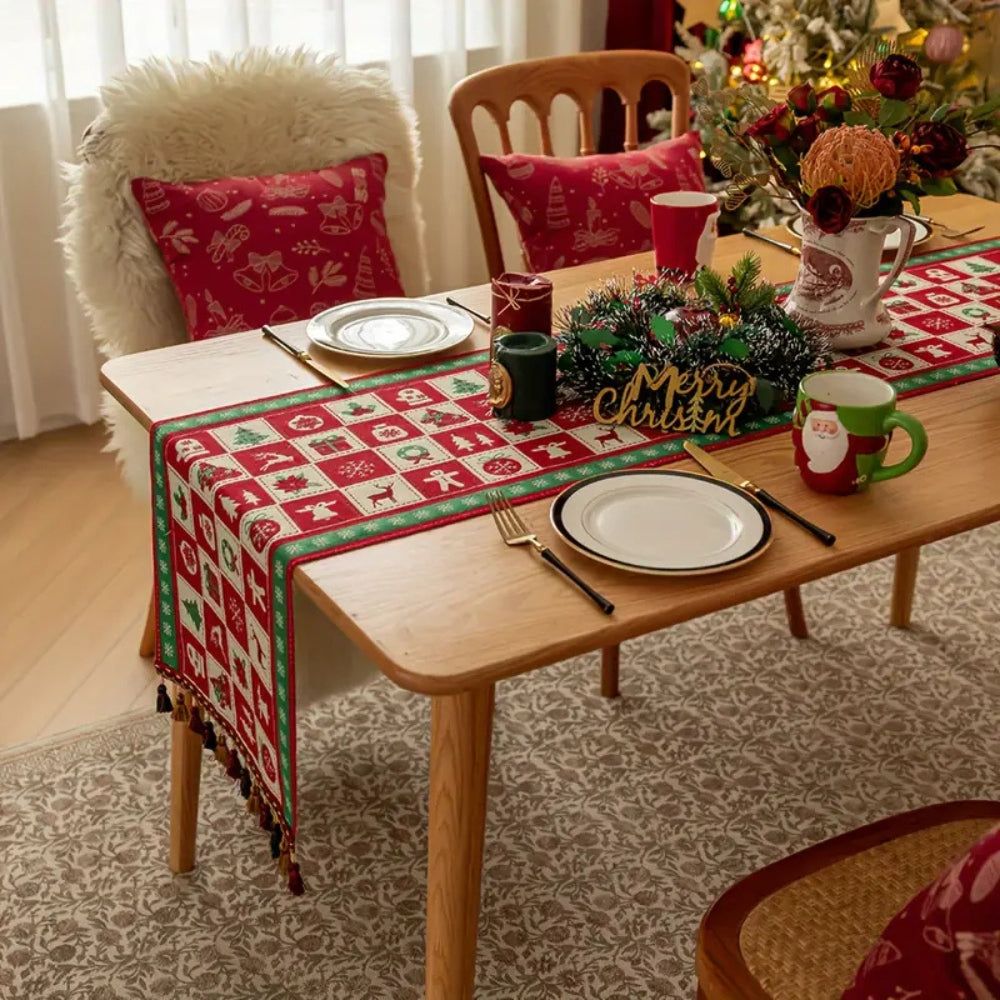 Christmas Checkered Table Runner with Colorful Tassels
