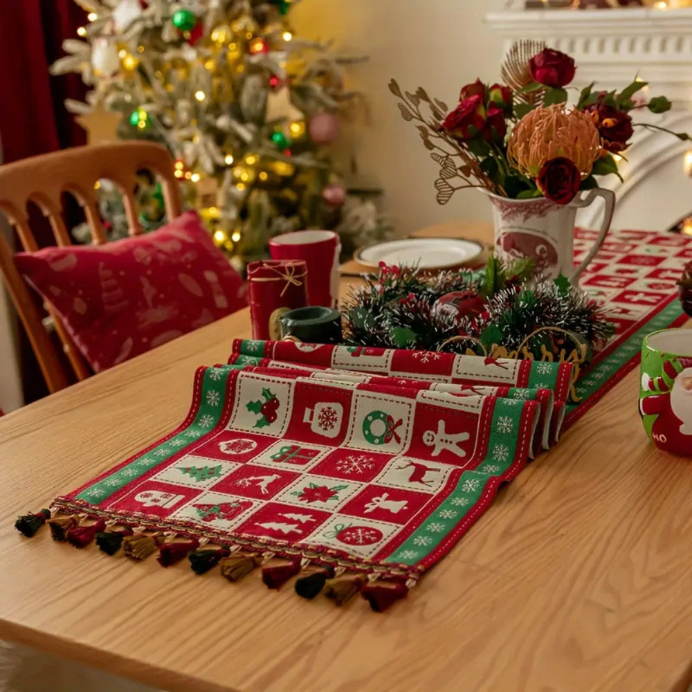 Christmas Checkered Table Runner with Colorful Tassels