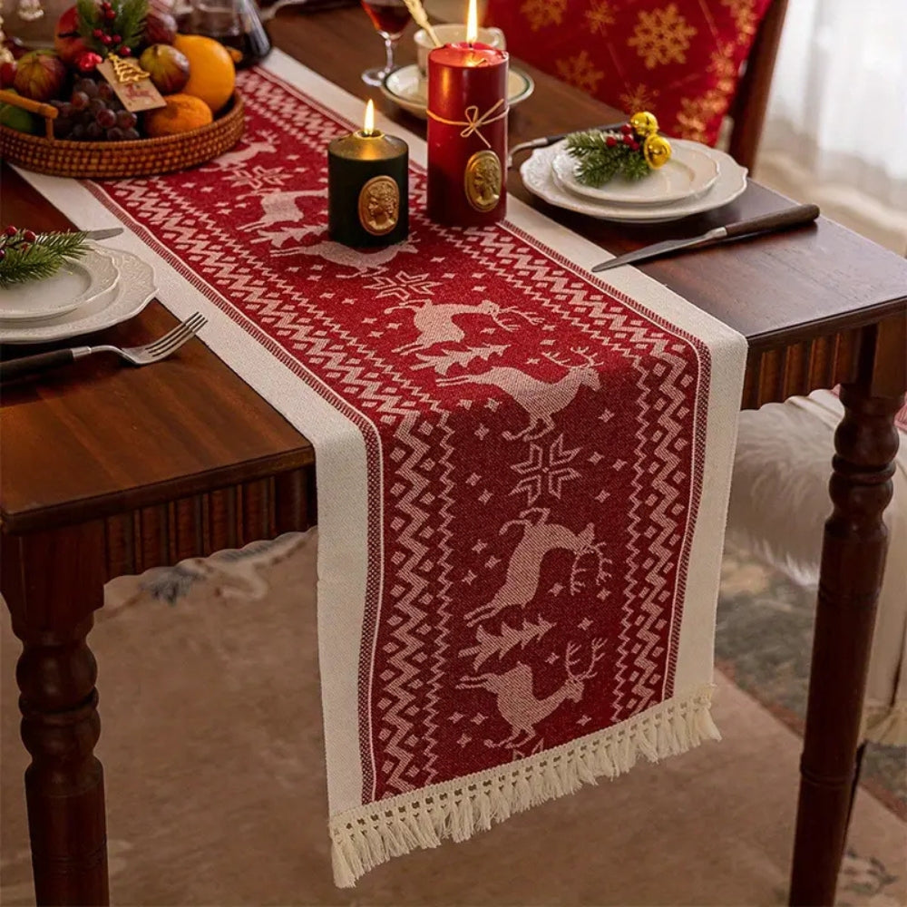 Christmas Elk Microfiber Table Runner with Tasseled Edges