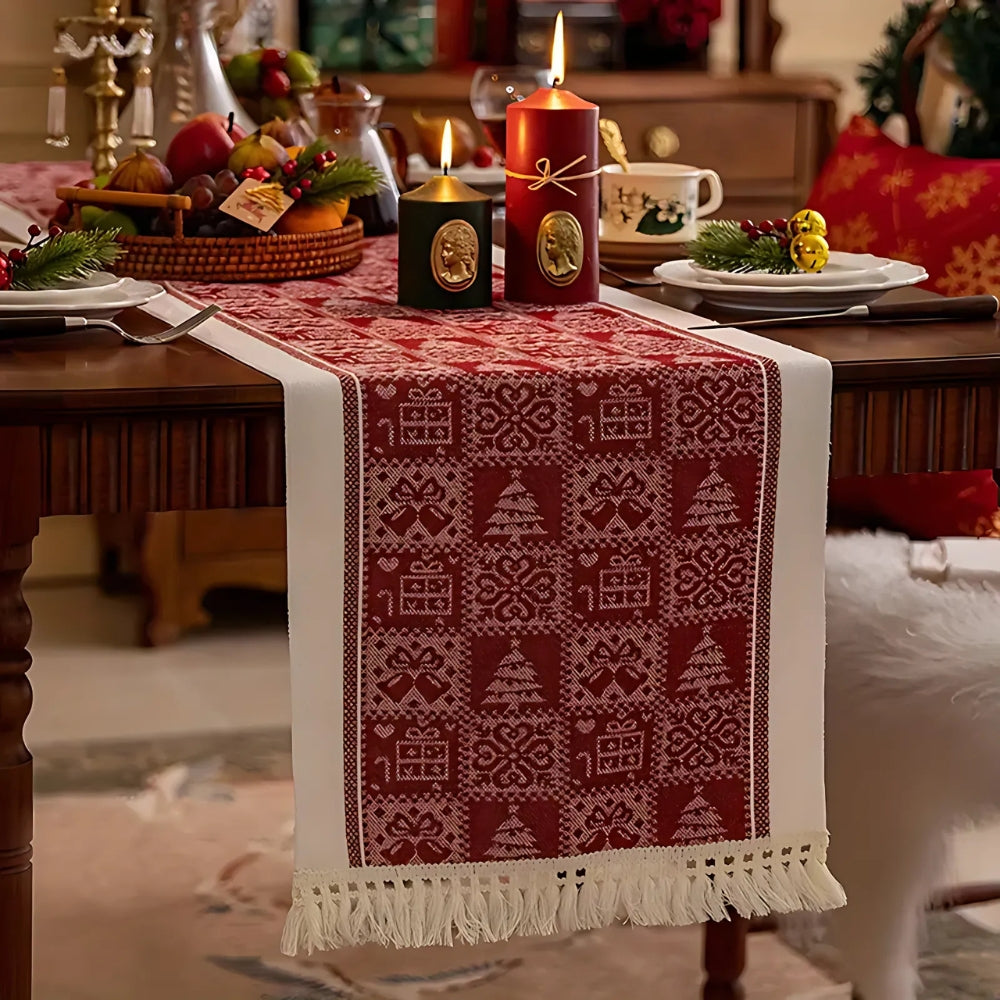 Christmas Elk Microfiber Table Runner with Tasseled Edges