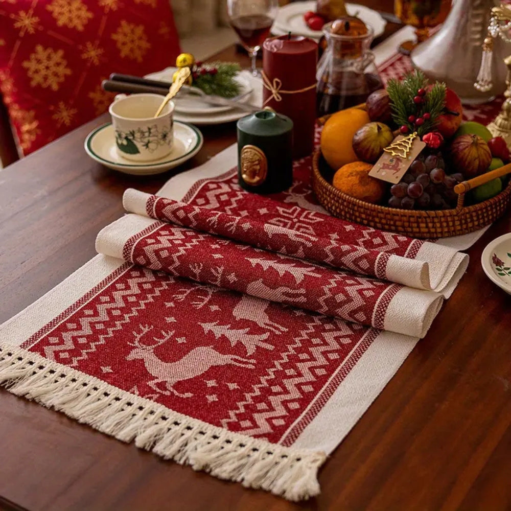 Christmas Elk Microfiber Table Runner with Tasseled Edges