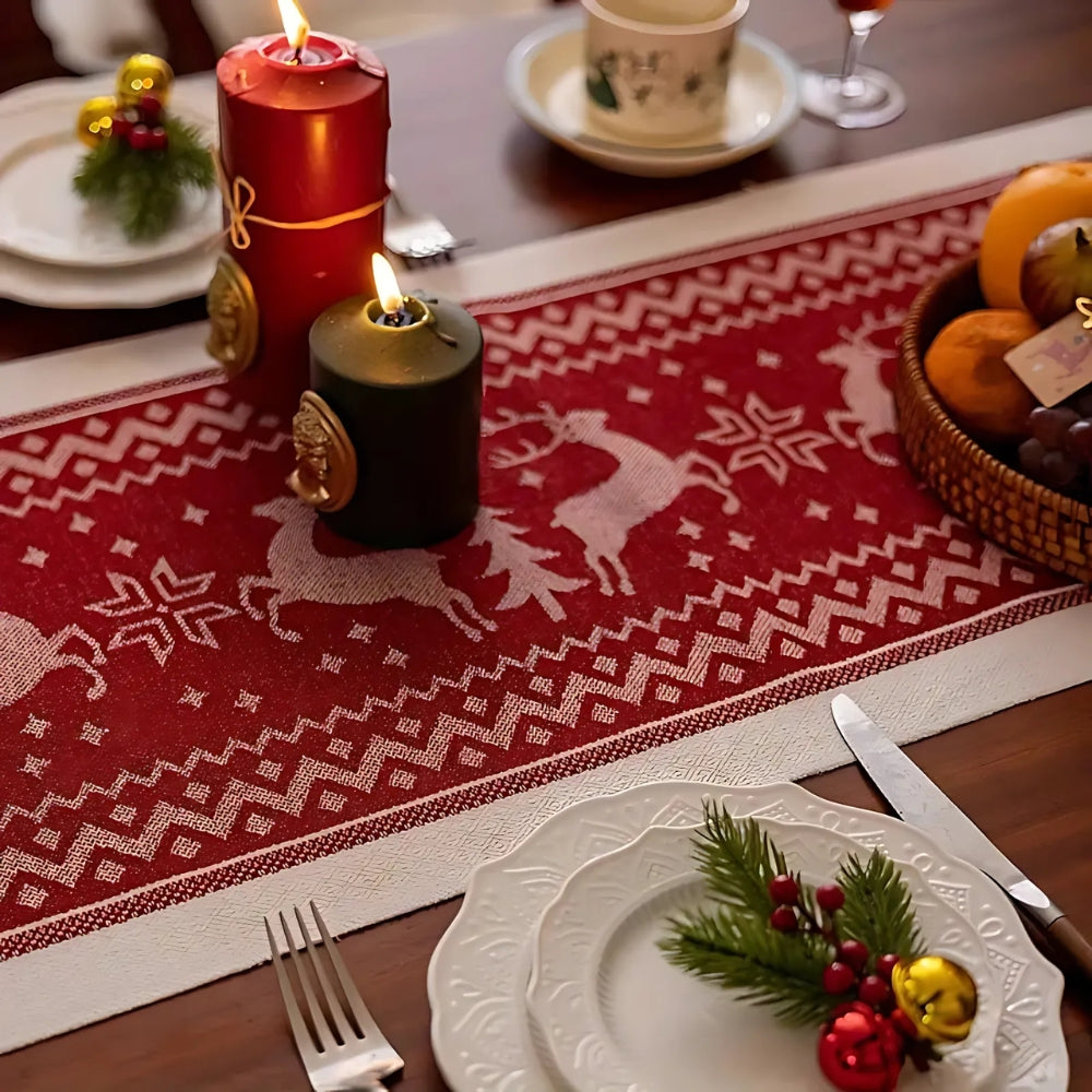 Christmas Elk Microfiber Table Runner with Tasseled Edges