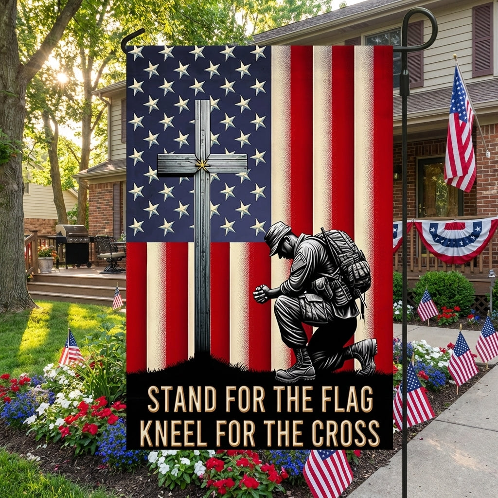 American Flag with Cross - Veteran Kneeling Christ Flag
