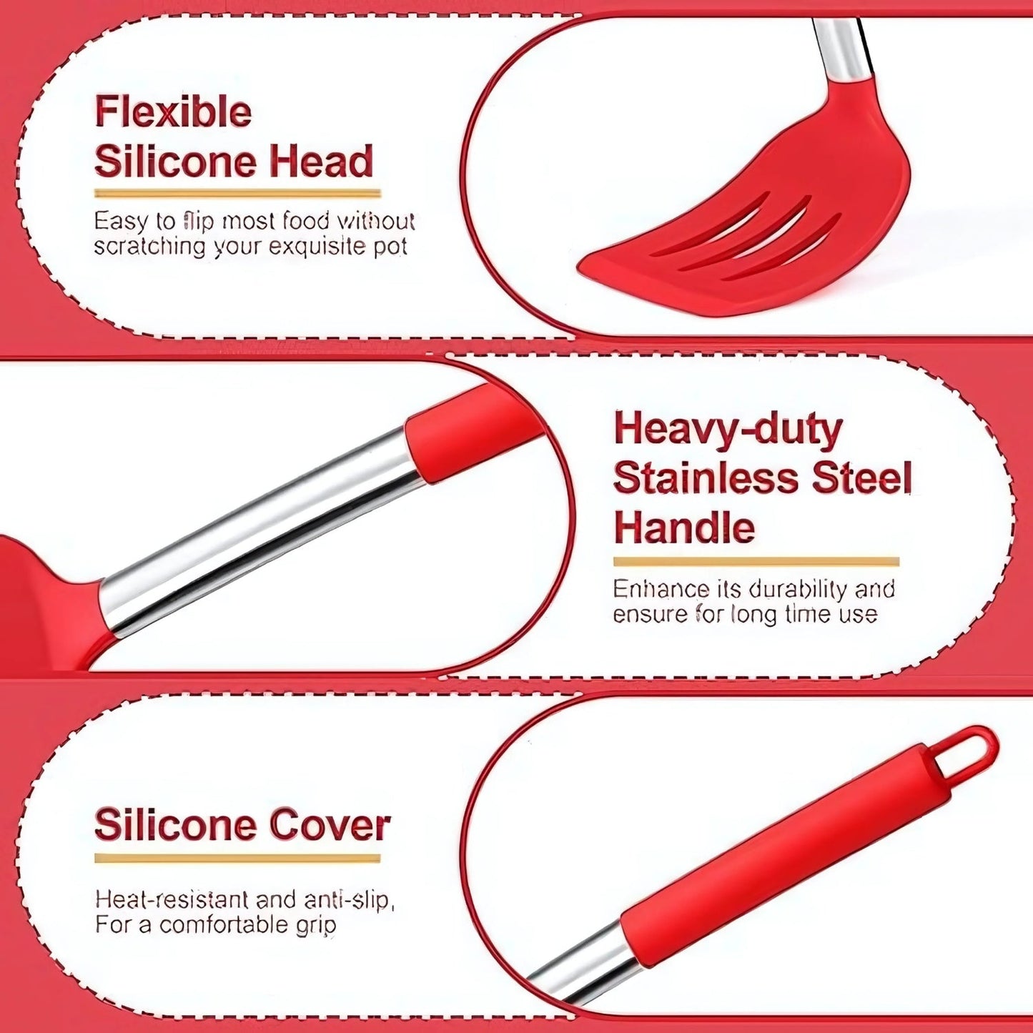 Silicone Kitchen Utensil Set with Stainless Steel Handles - 3 Piece