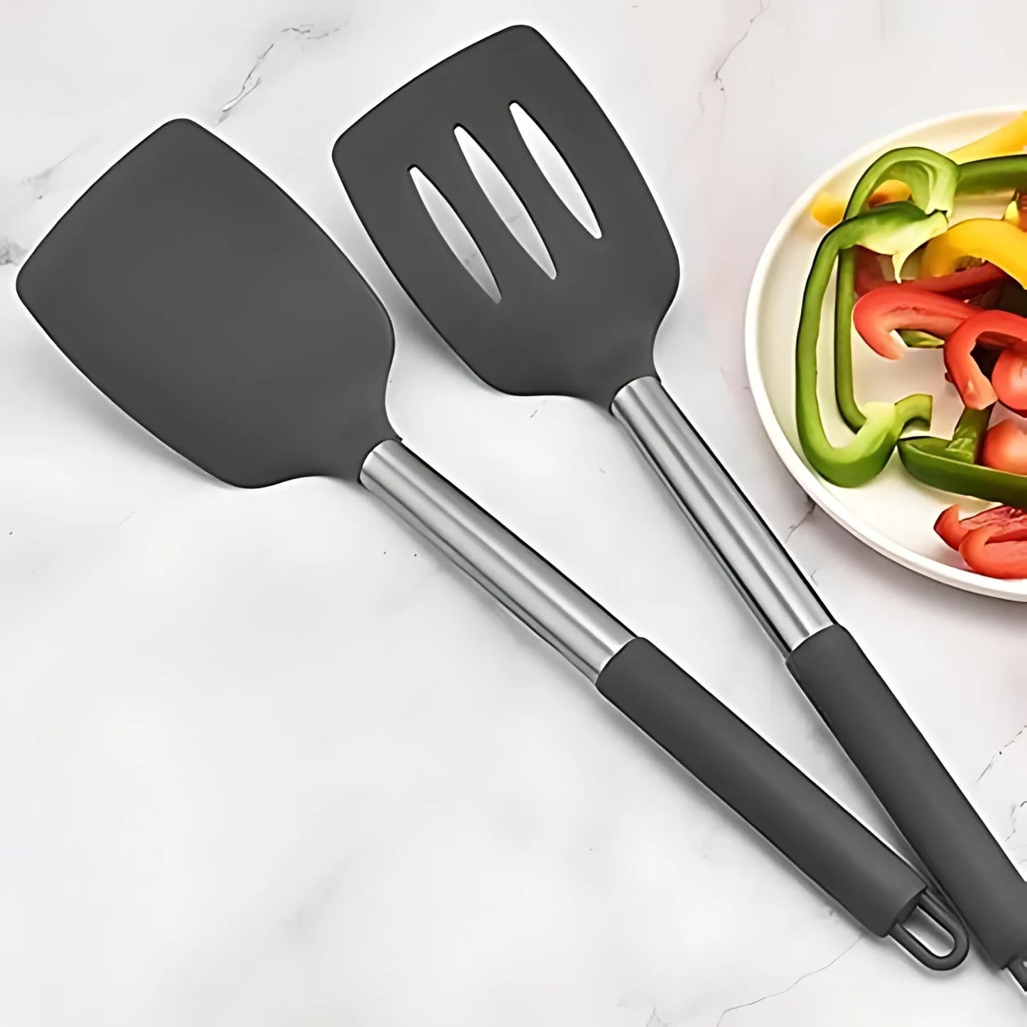 Silicone Kitchen Utensil Set with Stainless Steel Handles - 3 Piece