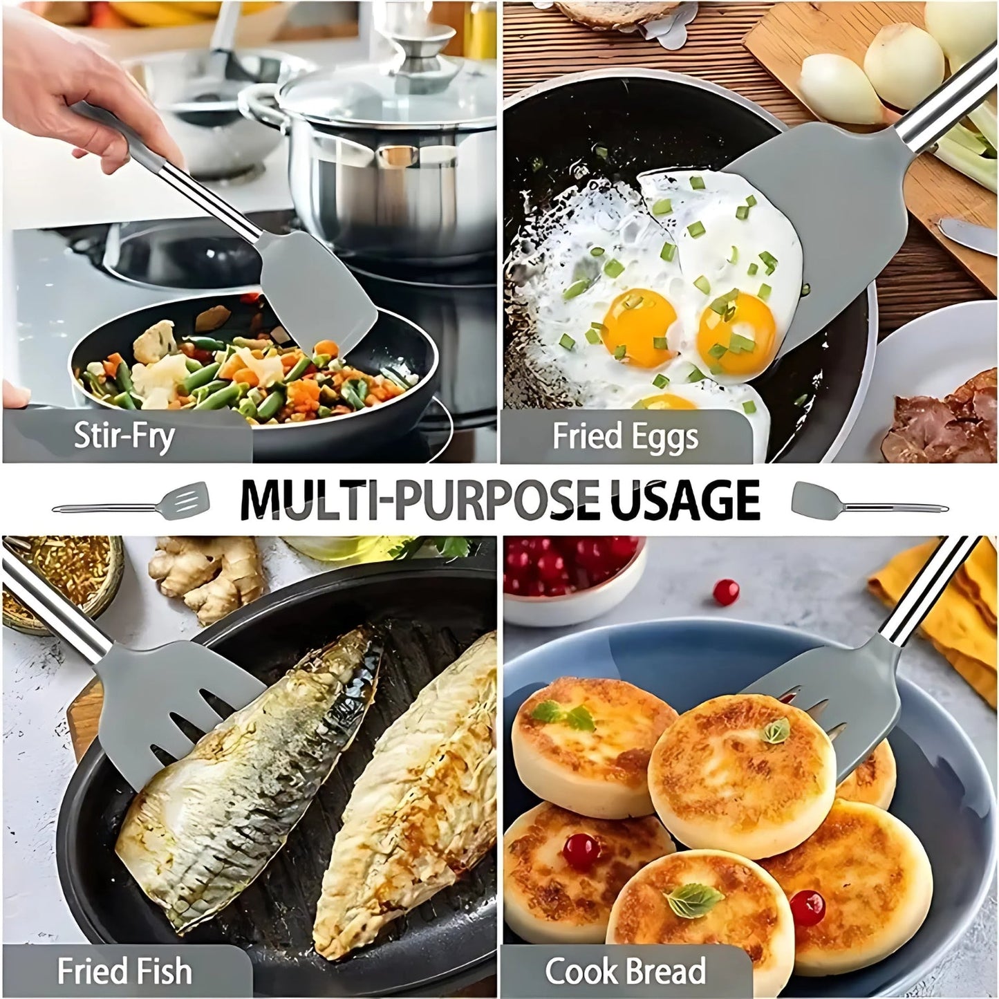 Silicone Kitchen Utensil Set with Stainless Steel Handles - 3 Piece