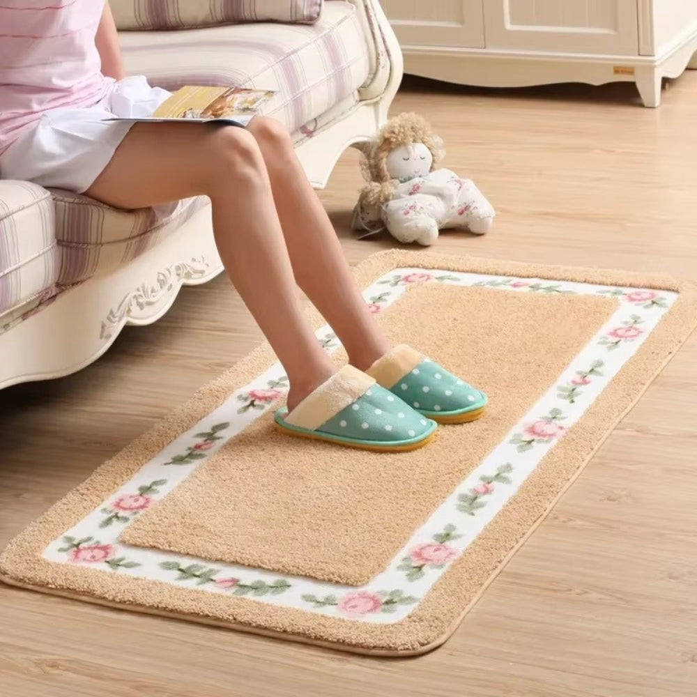 Floral Border Microfiber Bath Mat with Non-Slip Backing