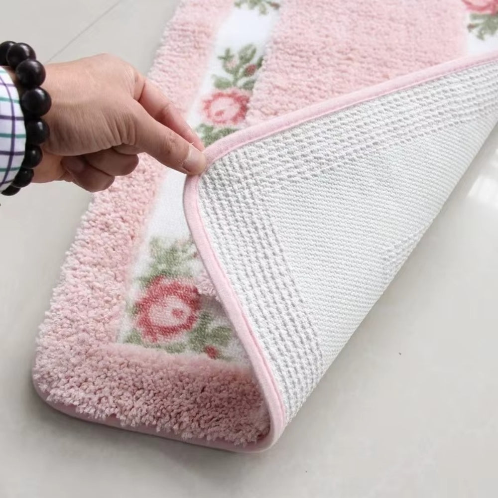 Floral Border Microfiber Bath Mat with Non-Slip Backing