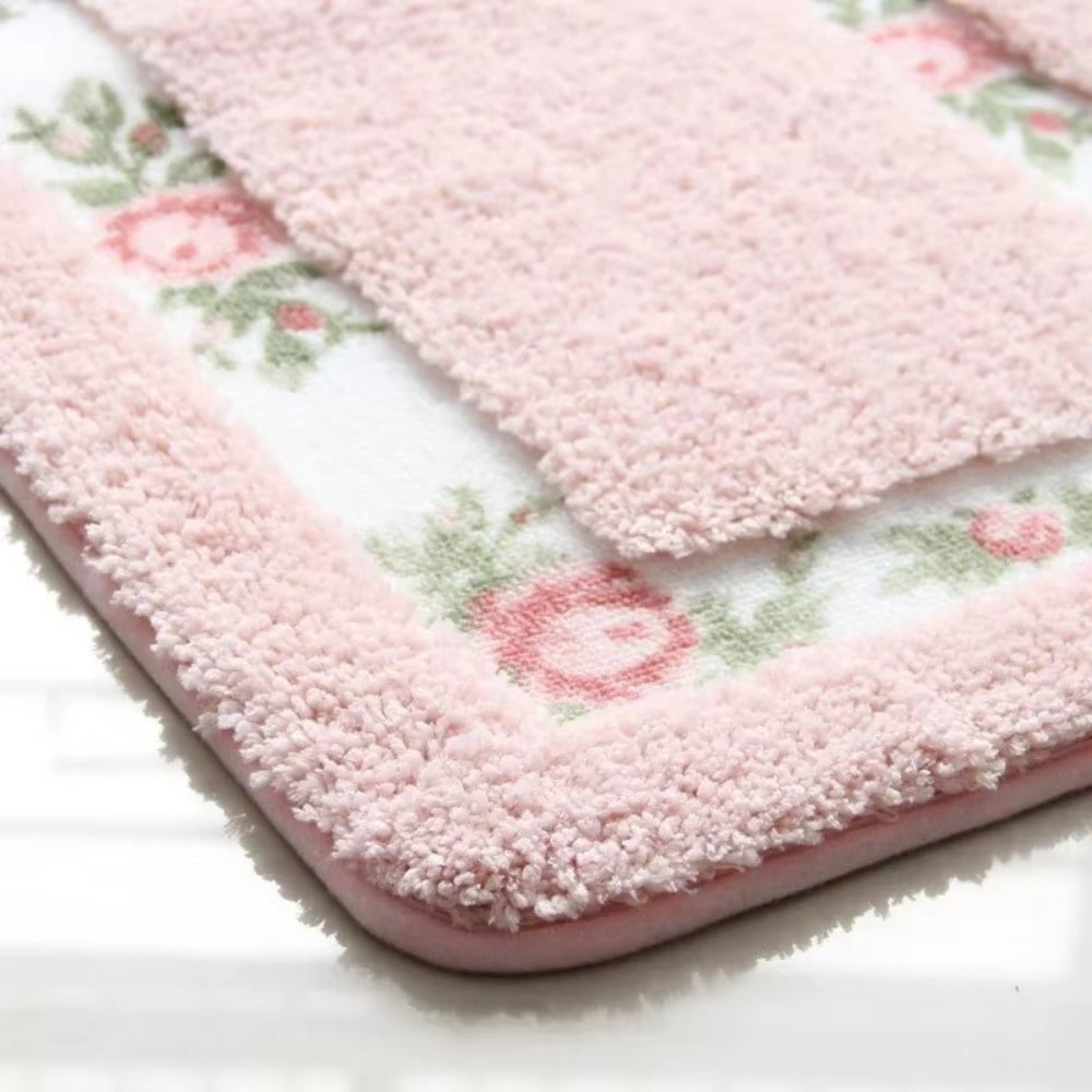 Floral Border Microfiber Bath Mat with Non-Slip Backing