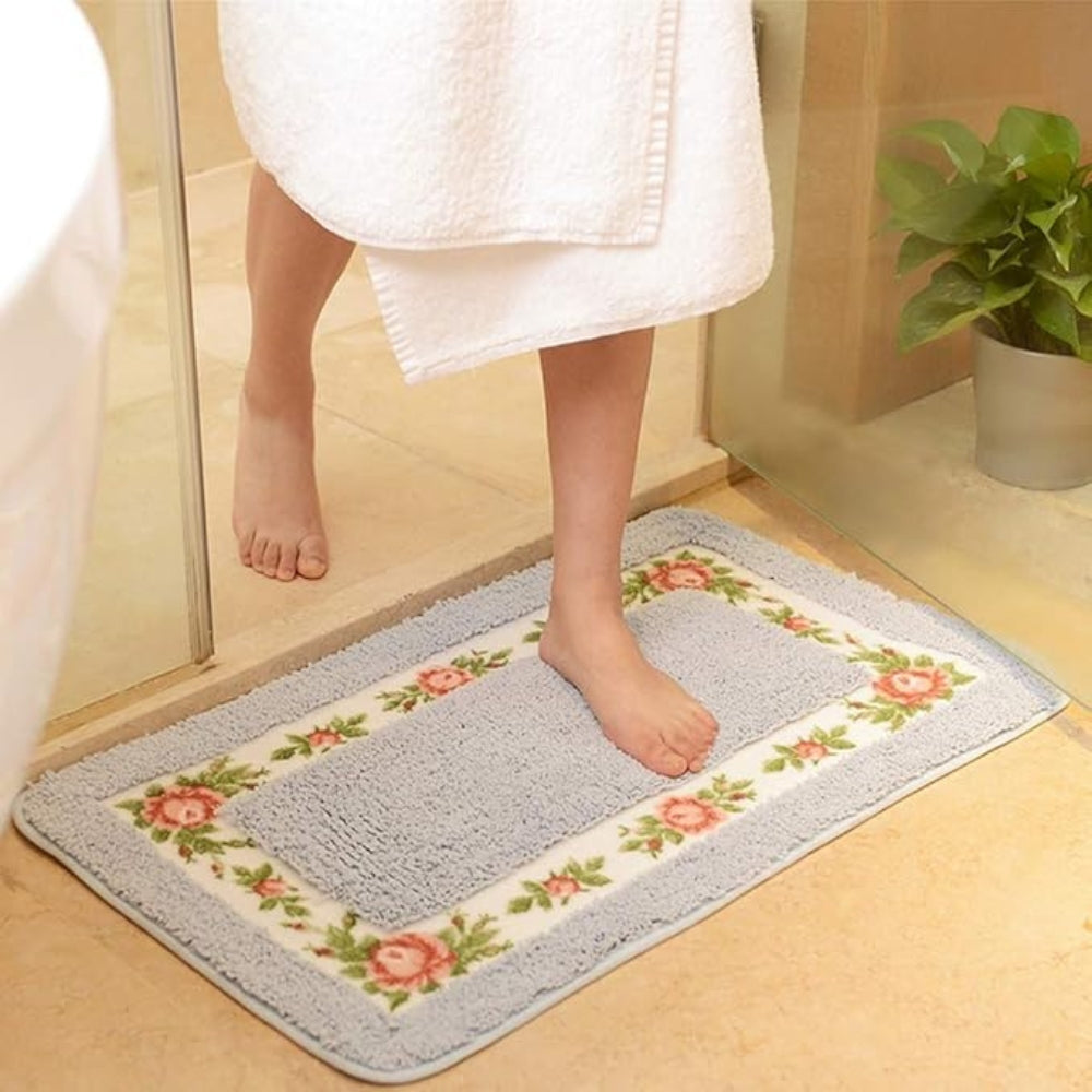 Floral Border Microfiber Bath Mat with Non-Slip Backing